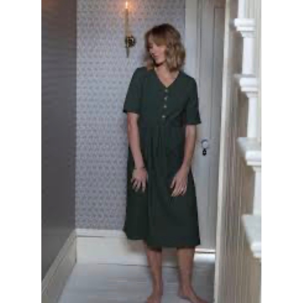 Little Cottonwood Forest Green Linen Blend Button Front Midi Dress Large Pockets